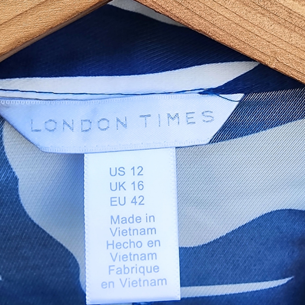 London Times Blue and White Long Sleeve Faux Wrap Dress, Size 12 - Picture 11 of 12